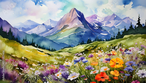Watercolor painting of mountain landscape with wildflowers. Beautiful natural scenery. Hand drawn
