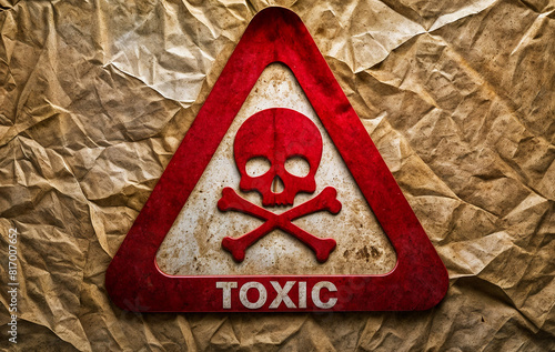 3d render illustration of a triangular sign with a skull and crossbones symbol on a crumpled paper background with text word TOXIC