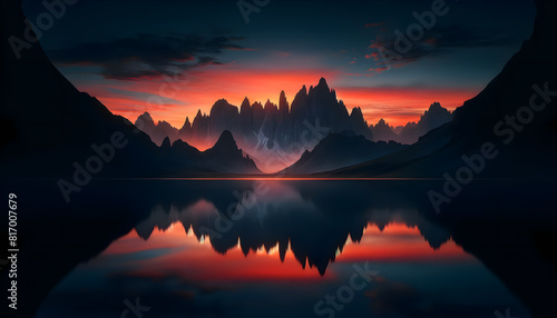 concept of serenity with a strong visual impact. a stunning scene of a mountain range at twilight. 