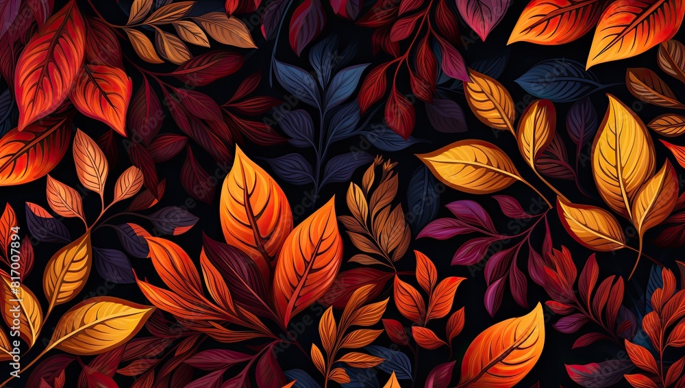 A dynamic painting filled with the lively hues of leaves and berries against a calming blue canvas, exuding a sense of warmth and vitality A dynamic painting filled with the lively hues of leaves and berries against a calming blue canvas, exuding a sense of warmth and vitality