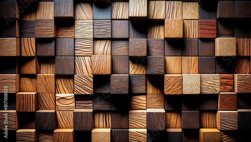 3d render illustration of a pattern of irregularly shaped wooden blocks in various shades arranged in a way that creates a sense of depth and texture.