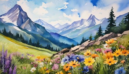 Watercolor painting of mountain landscape with wildflowers. Beautiful natural scenery. Hand drawn © hardvicore