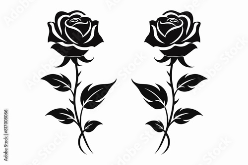 Vector set of decorative rose with leaves. Flower silhoutte isolated on a white background.