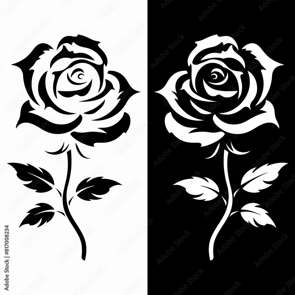 Vector set of decorative rose with leaves. Flower silhoutte isolated on a white background. Vector set of decorative rose with leaves. Flower silhoutte isolated on a white background.