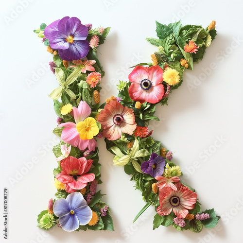 Letra K feita de flores e folhas naturais reais em fundo branco
 photo