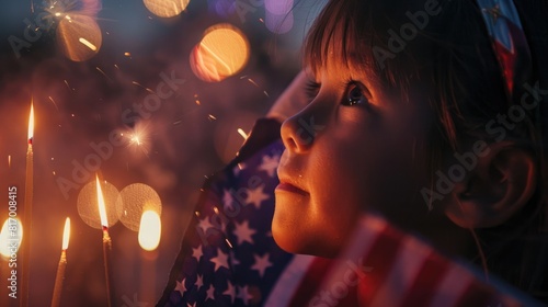 Close-up of a child holding an American flag while watching fireworks on Independence Day. 