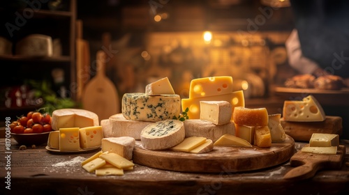 Assorted Artisan Cheeses on Rustic Wooden Board in Cozy Kitchen