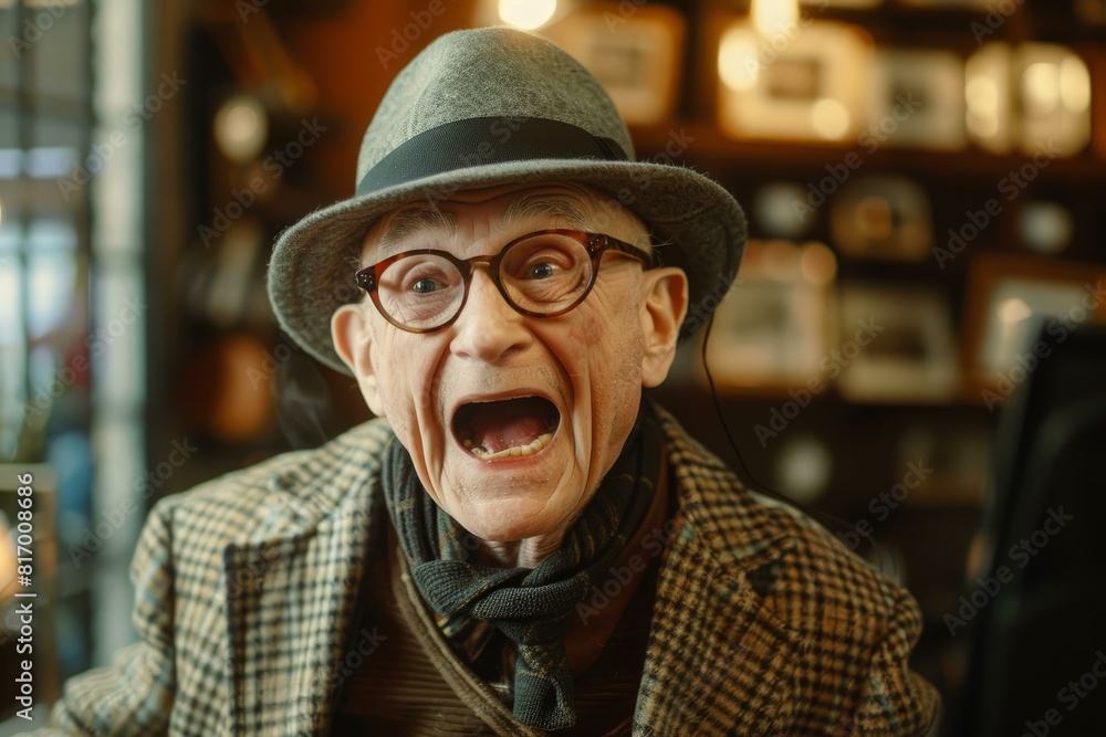 Elderly gentleman expressing shock and surprise, wearing stylish eyewear and a vintage hat Elderly gentleman expressing shock and surprise, wearing stylish eyewear and a vintage hat