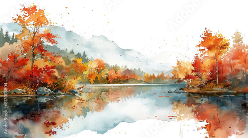 Watercolor autumn forest landscape background.Lake Surrounded by Mountains and Autumn Trees Hand Drawn Painting illustration design for autumn landscape background and wallpaper. photo