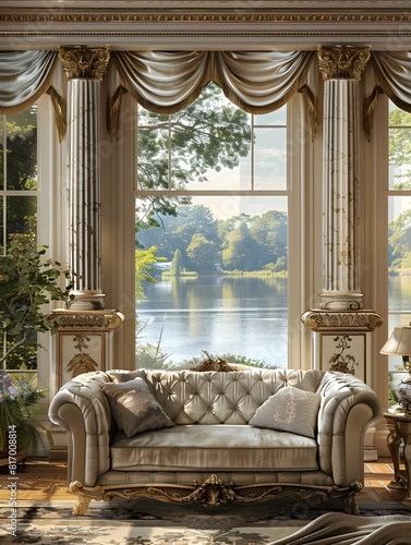 Elegant Traditional Living Room with Gilded Accents and Lake View Exuding Classical European photo