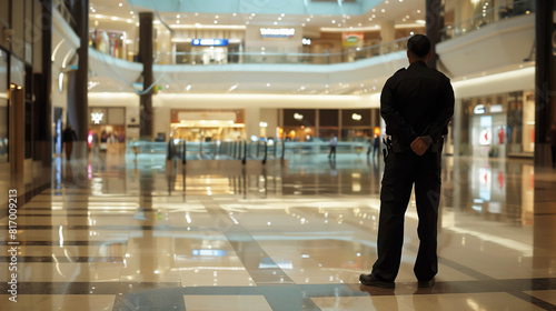 A security guard stands in an empty, brightly lit shopping mall, overseeing the area as storefronts and escalators are visible in the background.