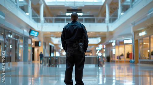 A security guard stands watch in a spacious, brightly lit shopping mall, observing the surroundings with a vigilant posture, ensuring safety and security.