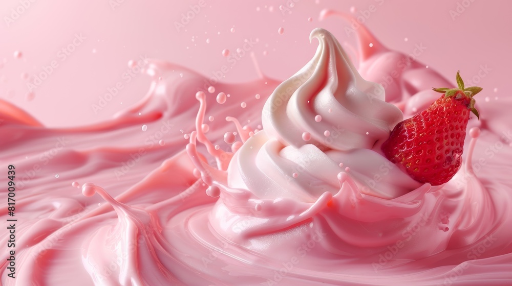 Strawberries and whipped cream in a dynamic splash of pink yogurt, a vibrant and delicious composition Strawberries and whipped cream in a dynamic splash of pink yogurt, a vibrant and delicious composition