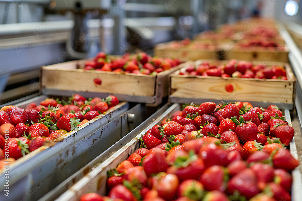Freshly harvested strawberries packed in wooden crates on a sorting line, ready for shipment. Freshly harvested strawberries packed in wooden crates on a sorting line, ready for shipment.