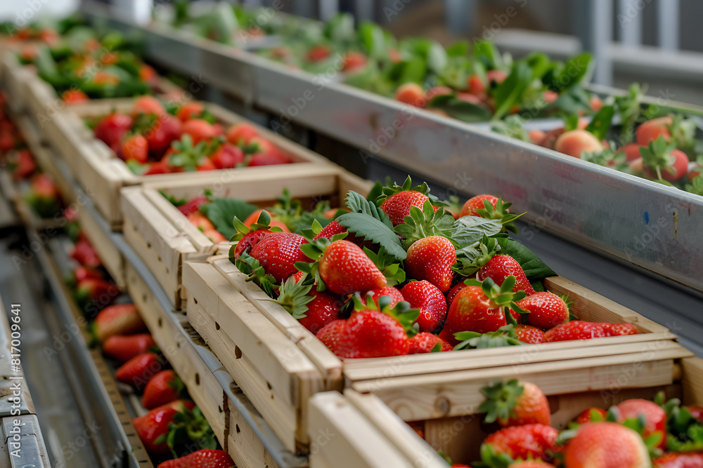 Freshly harvested strawberries packed in wooden crates on a sorting line, ready for shipment. Freshly harvested strawberries packed in wooden crates on a sorting line, ready for shipment.