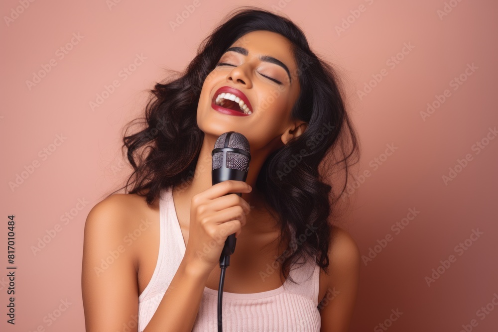 Portrait of a satisfied indian woman in her 20s dancing and singing song in microphone in pastel or soft colors background Portrait of a satisfied indian woman in her 20s dancing and singing song in microphone in pastel or soft colors background