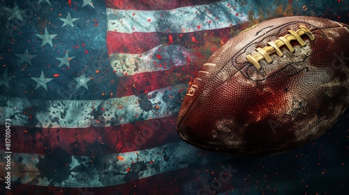 Dramatic close-up of a weathered football on a wet American flag, symbolizing sports patriotism and spirit photo