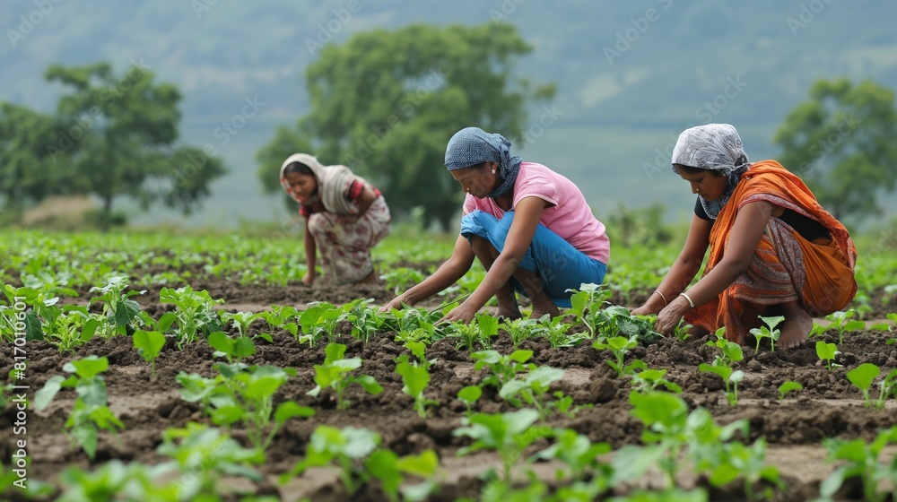 Women Farmers Working in a Lush Greenfield Women Farmers Working in a Lush Greenfield