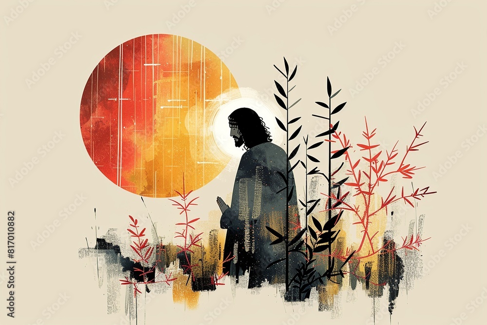 Φωτογραφία A minimalist graphic representation of Jesus praying on the Mount of Olives, characterized by clean lines and simplicity, conveying a serene and contemplative moment in a modern artistic style