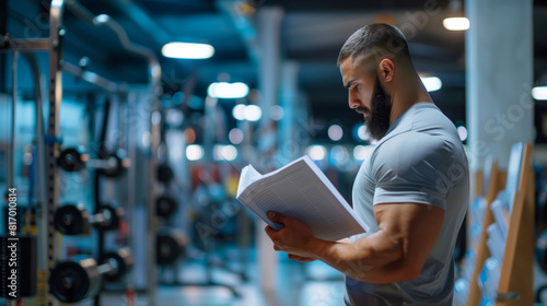 A muscular man with a beard is reading a book while standing in a gym. The gym equipment and weights are visible in the background, creating a focused and disciplined atmosphere.