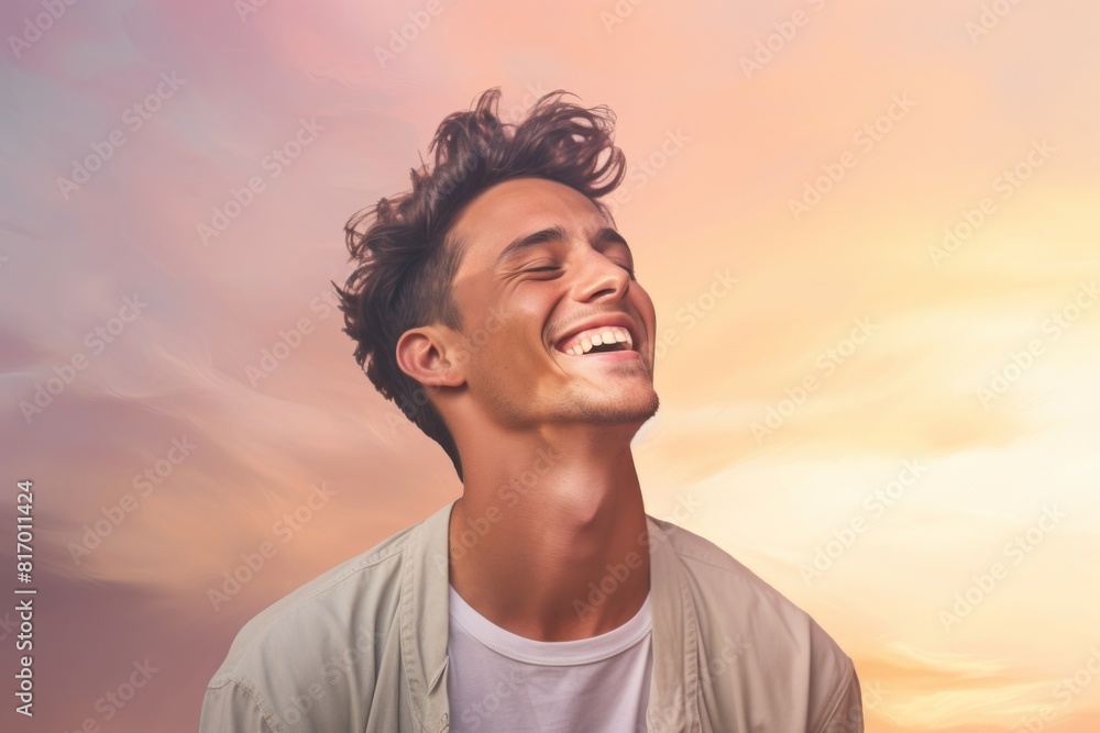 Portrait of a tender man in his 20s laughing in front of pastel or soft colors background Portrait of a tender man in his 20s laughing in front of pastel or soft colors background