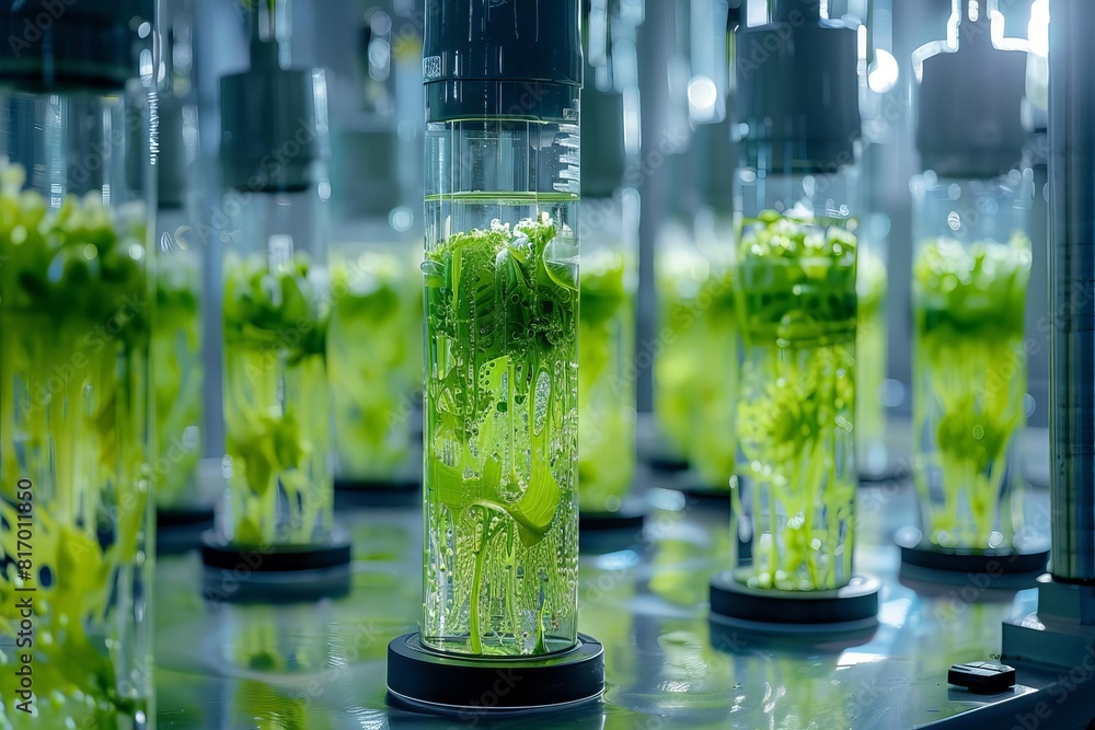 Polymerization process front view, synthesizing bioplastics from plant starches, innovative material science, technology tone, vivid