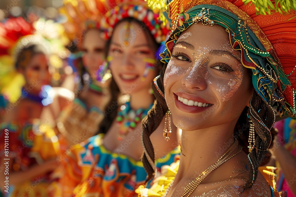 A group of women are wearing colorful costumes and smiling for the camera