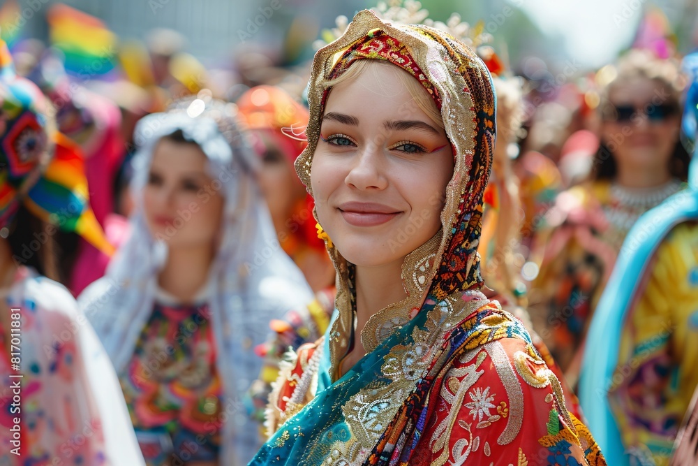 A woman wearing a colorful scarf and a gold head scarf is smiling at the camera