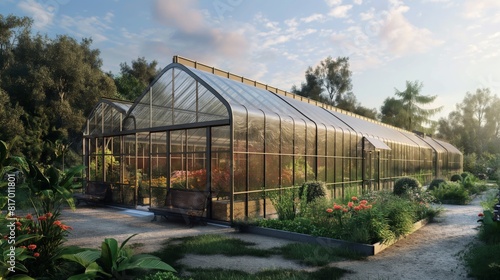Large Greenhouse in a Lush Garden on a Sunny Afternoon