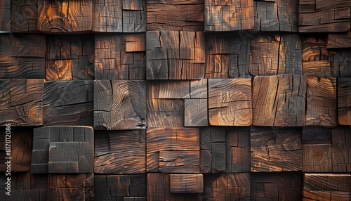 An old wood wall made from thick wooden blocks  conveying rustic charm and the texture of aged materials