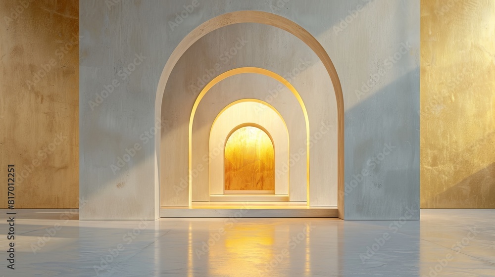 Minimalist studio with a golden arched structure, focus on sleek design, concept of architectural innovation, ethereal, Multilayer, modern art gallery backdrop Minimalist studio with a golden arched structure, focus on sleek design, concept of architectural innovation, ethereal, Multilayer, modern art gallery backdrop