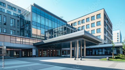 Modern corporate building exterior with large windows, multiple stories, and an expansive entrance area. Contemporary architecture with glass and metal elements.