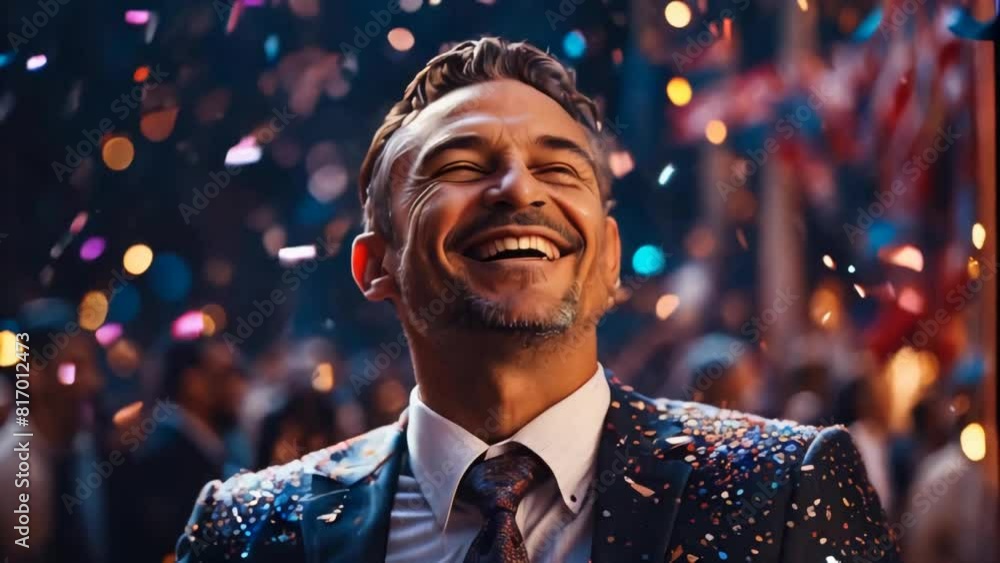 close-up of happy businessman in a suit celebrates victory against the backdrop of festive confetti close-up of happy businessman in a suit celebrates victory against the backdrop of festive confetti