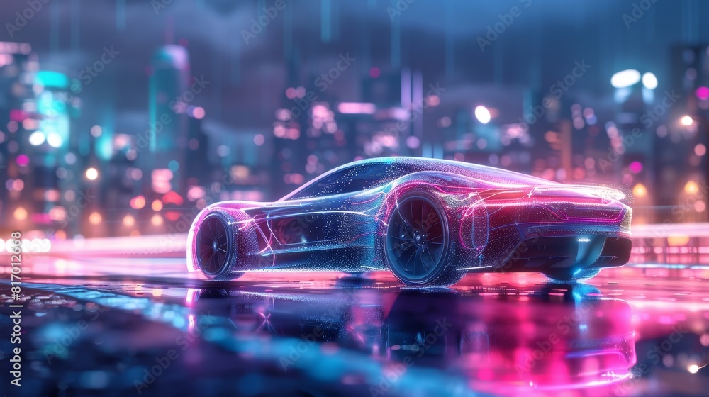 Futuristic car featuring transparent bodywork cruising through a neon-lit city, focus on innovative design, theme of urban mobility, high-res, Double exposure, metropolitan backdrop Futuristic car featuring transparent bodywork cruising through a neon-lit city, focus on innovative design, theme of urban mobility, high-res, Double exposure, metropolitan backdrop
