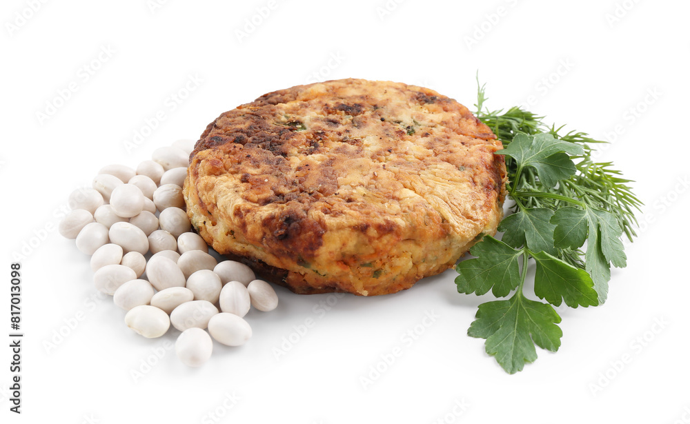 Tasty bean cutlet and ingredients isolated on white. Vegetarian product Tasty bean cutlet and ingredients isolated on white. Vegetarian product