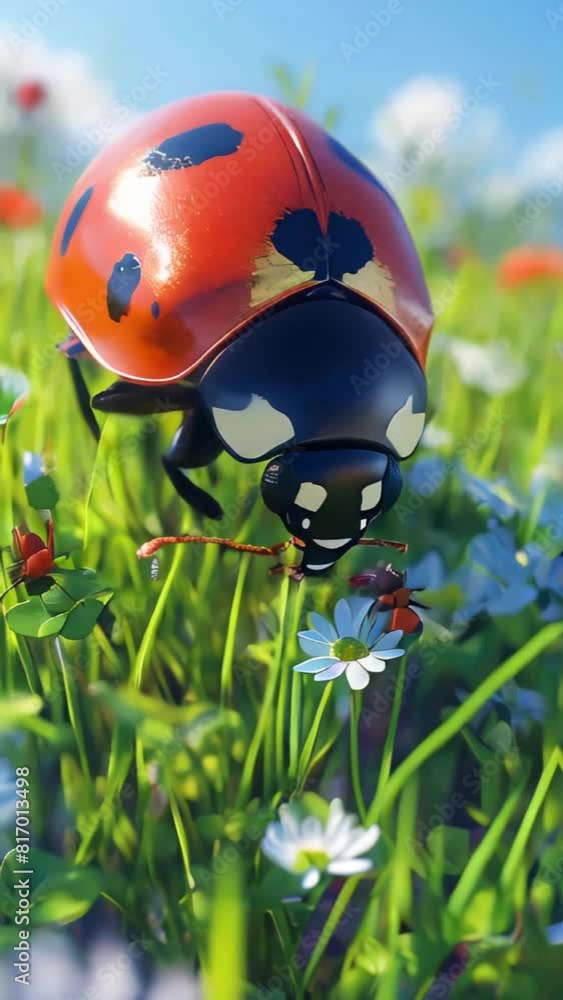 Close-up of ladybug on a leaf on the field of wildflowers Close-up of ladybug on a leaf on the field of wildflowers