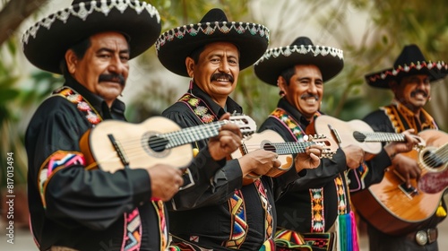 A joyful group of mariachi musicians in traditional embroidered suits and sombreros, playing guitars and serenading with smiles on their faces. photo