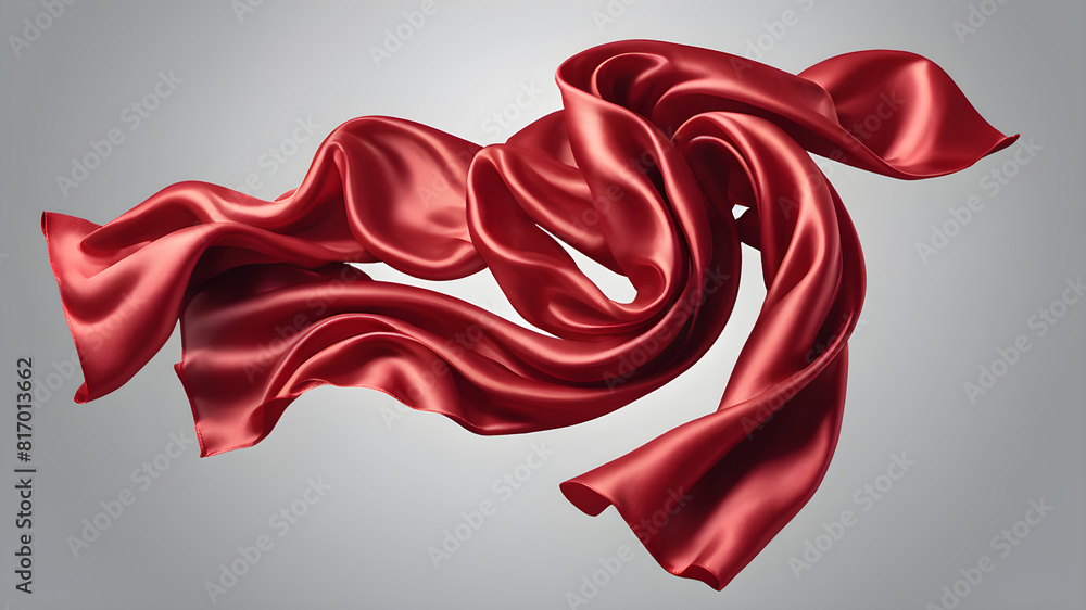 Fototapeta premium Red satin fabric floating in front of a white background, Generative AI