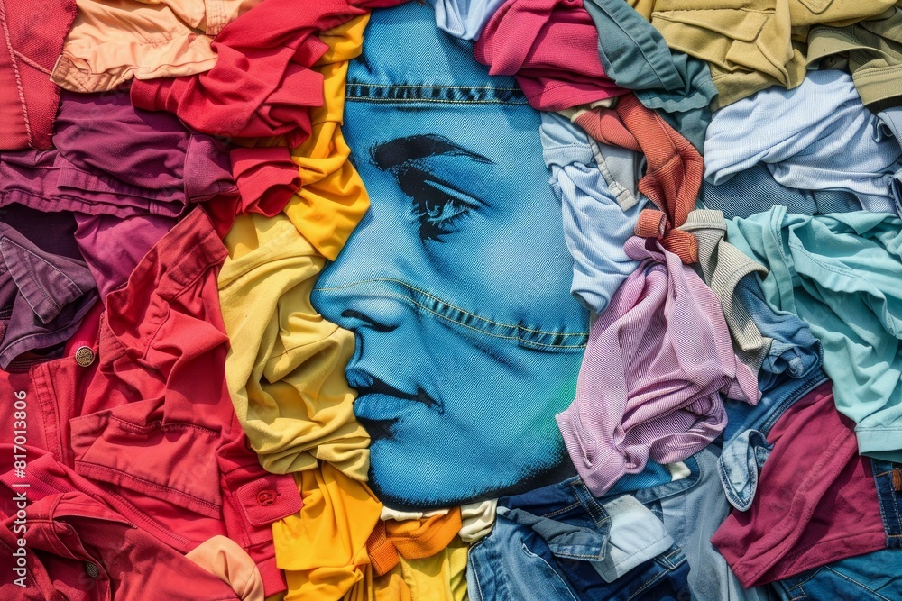 Vivid artistic representation with a human face merged in a patchwork of colorful apparel Vivid artistic representation with a human face merged in a patchwork of colorful apparel