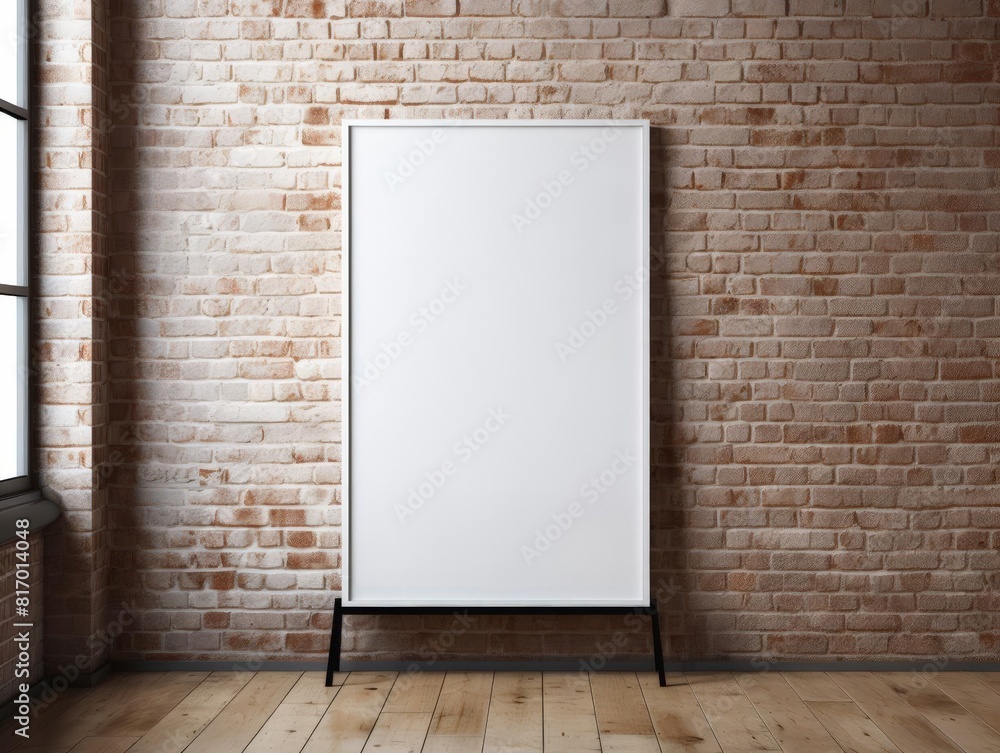 A large blank poster frame on a brick wall in a trendy loft, ideal for artists and designers to showcase their work or event promotions A large blank poster frame on a brick wall in a trendy loft, ideal for artists and designers to showcase their work or event promotions