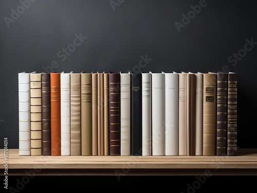 A closed book with a blank spine facing outward, lined up on a bookshelf among other books, ideal for spine design visualization