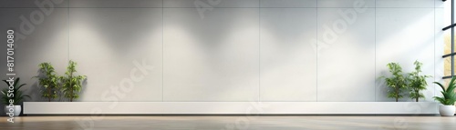 A large blank wall space in a corporate office lobby, ideal for companies to mockup potential branding visuals or motivational artwork