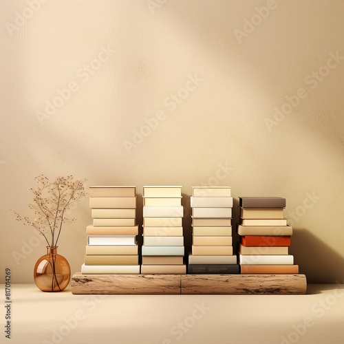 An array of blank books in different orientations, some open and some closed, on a soft, muted background, perfect for a comprehensive book series mockup photo