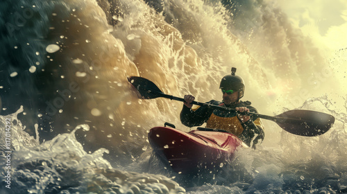 A kayaker navigates through turbulent waters in an intense and dramatic scene. The athlete is wearing a helmet and sunglasses for protection and control.
