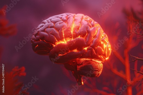 A 3D rendering of an artificial intelligence system displayed as a glowing brain, analyzing massive amounts of data, The images are of high quality and clarity