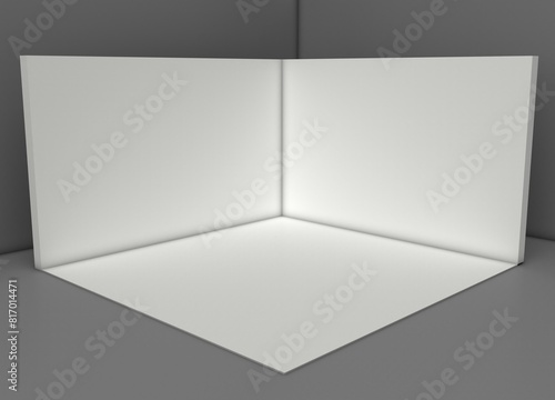 3D exhibition booth. Showroom. Square corner. Empty geometric square. Blank box template. White blank exhibition stand. Presentation event room. 