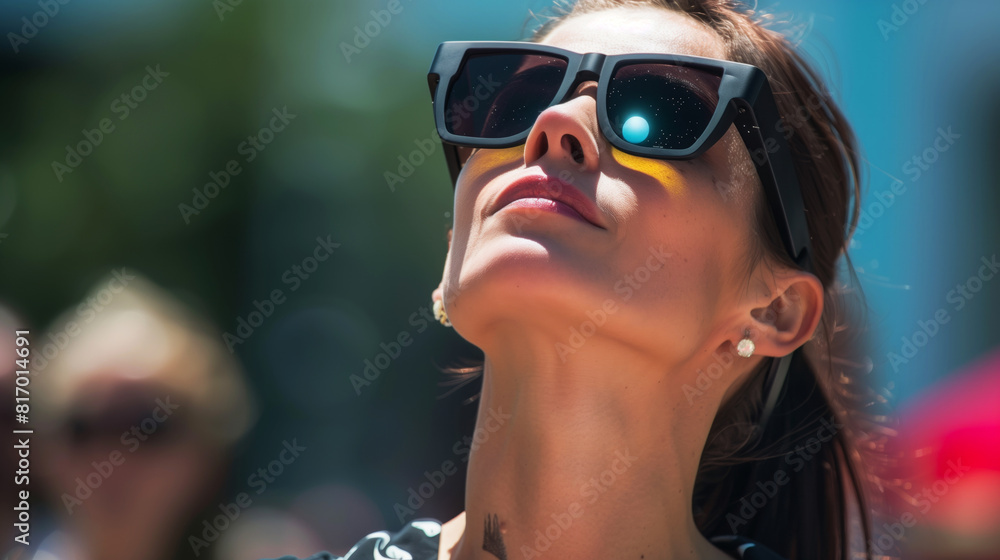 Naklejka premium Close-up of a woman wearing large sunglasses looking up towards the sky. The reflection in her sunglasses shows a bright sun and a clear sky.