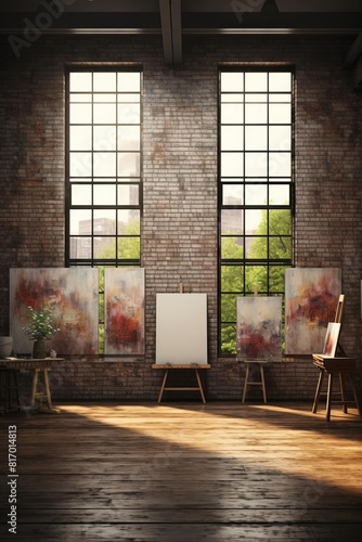 Spacious art studio with multiple blank canvases lined up against a textured brick wall, suitable for artists to plan layouts or gallery installations photo