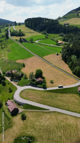 Aerial Drone Footage Veritcal Landscape View over Gais Stoss Street Mountain Pass Switzerland Appenzellerland. High quality 4k footage photo