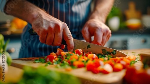 A close-up of a person wearing a striped shirt, chopping vegetables on a chopping board